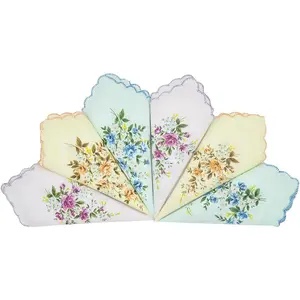 6PCS Handkerchiefs for Women, Vintage Floral Print, Soft, Absorbent, Wave Edge Design, for Everyday Use