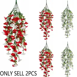 2pcs Extra Long Artificial Outdoor Morning Glory Vines, Artificial Outdoor Plants, Faux Hanging Plant, Red and White Trumpet Flowers, Spring Summer Mother's Day & Easter Decorations, Faux Flowers, Ideal for Spring and Summer Vine Decor