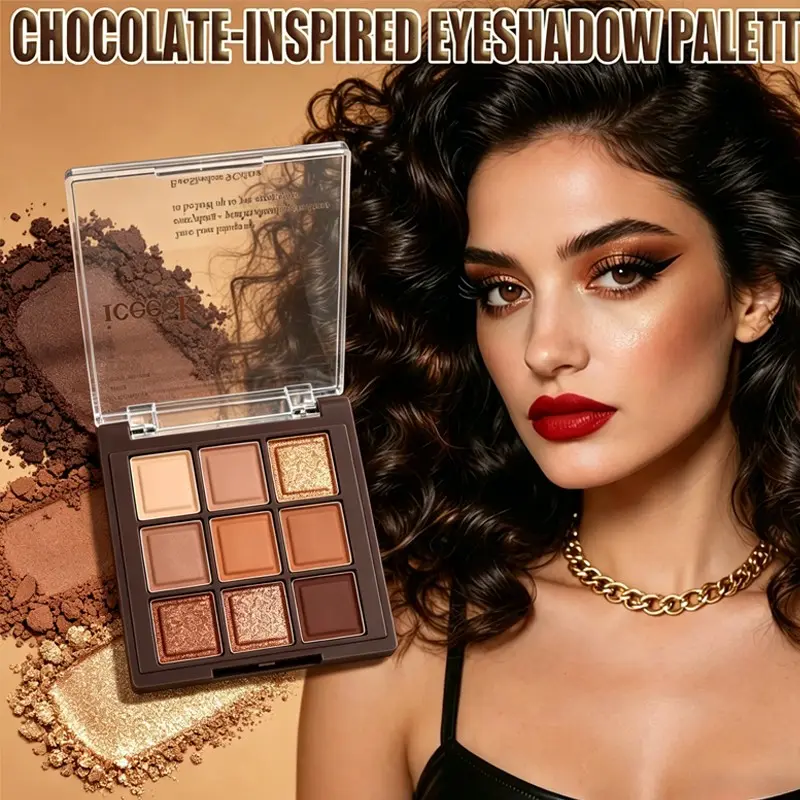 Beginner Friendly 9 Shades Shimmering Cosmetic Eyeshadow Palette Simple matching design Matte base and shimmer accent Silky easy-blend texture Clean makeup effect without creasing
