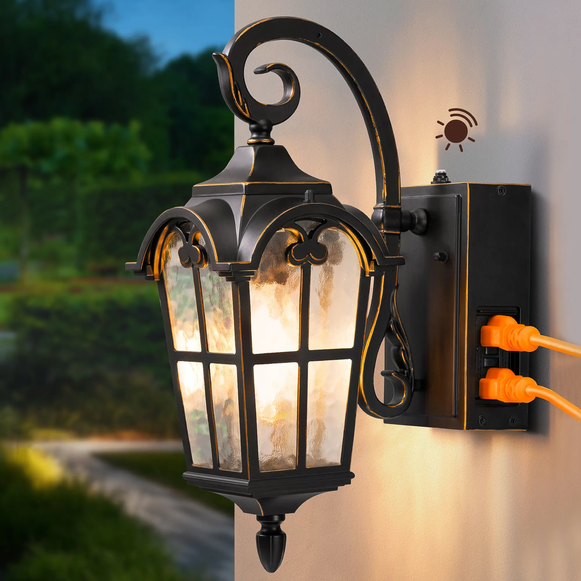 EDISHINE Dusk-to-Dawn Outdoor Wall Lantern, GFCI Outlet Porch Light Fixture with E26 Socket, Waterproof Wall-Mount Sconce for Front Door, Patio
