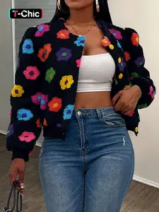 Women's Floral Print Casual Short Knit Fitted Jacket, Stylish Ladies Outerwear for Spring & Fall, Comfortable and Trendy Design