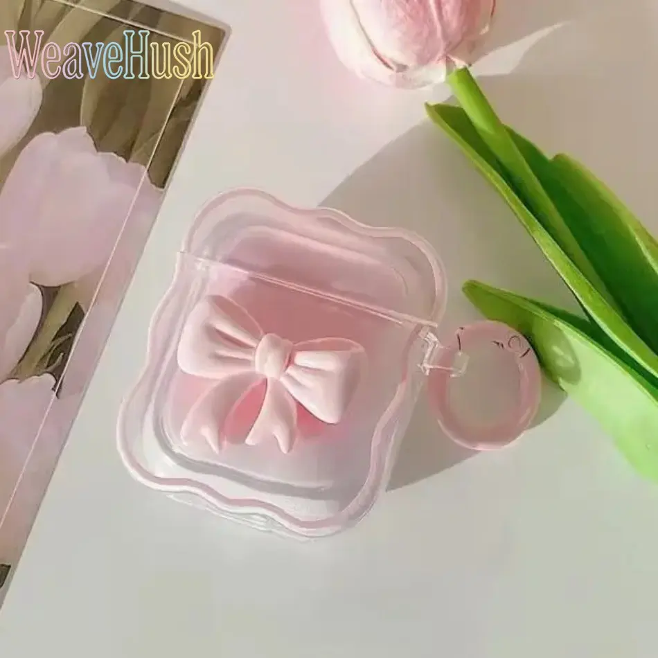 Cute 3D Bow AirPods Case for Women, Clear Wavy Edge TPU Protective Cover with Ring, Kawaii Sweet Style Earphone Case for AirPods 1/2/3 Pro, Aesthetic Gift for Girls