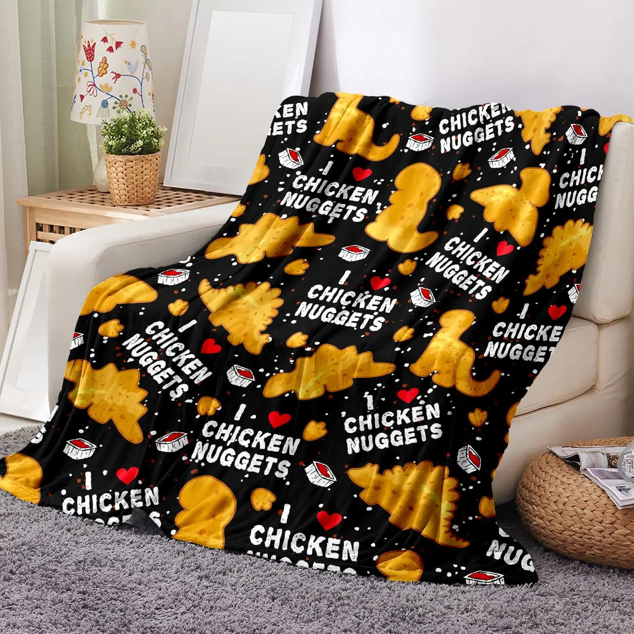 Chicken Nugget Print Polyester Fiber Flannel Throw Blanket - 1 Count, 50x60in, Wrinkle Resistant, Stain Resistant, Durable, Flat Weave, Lightweight, Breathable, Silky Soft, Easy to Carry, Machine Washable, Playful Look for Lounging, Home/Travel