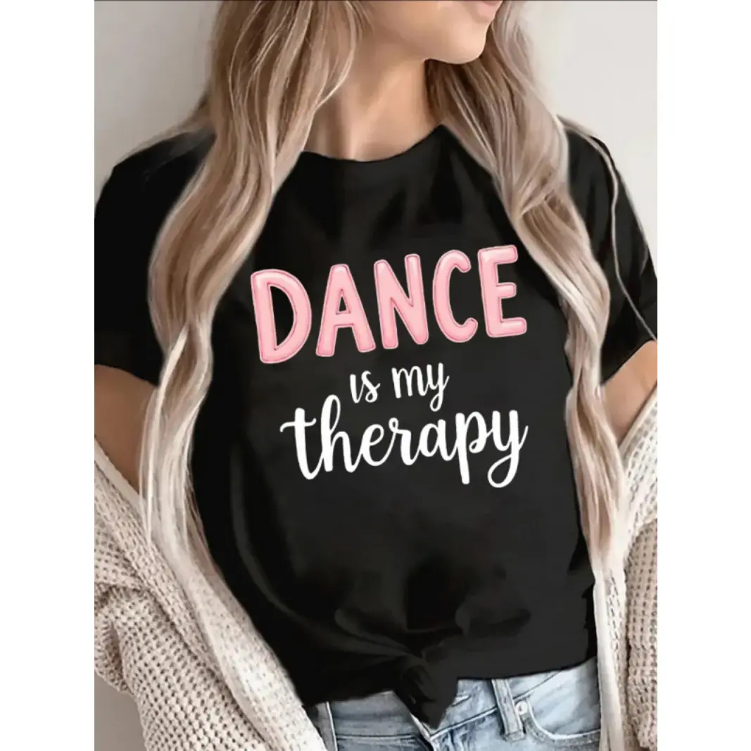 Women's "Dance Is My Therapy" Graphic T-Shirt - Short-Sleeve, Round-Neck, Loose-Fit Soft Cotton Casual Summer Top for Dancers (Studio Practice, Streetwear Outfit), Shortsleeve