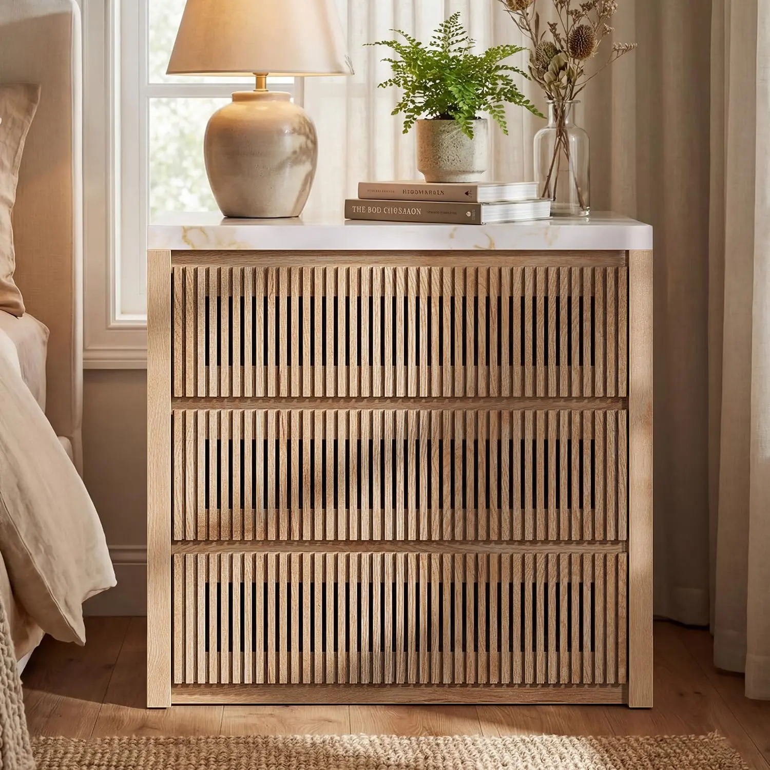 [SummerSale] Sikaic 31.5” Wide Oversized Fluted Nightstand, Slatted 27.6” Tall Night Stands, Extra Large Wood Bedside Table, 3 Drawers, Mid-Century Modern End Table Bedroom, Living Room, Thickened, Home Furniture, Dorm Essentials