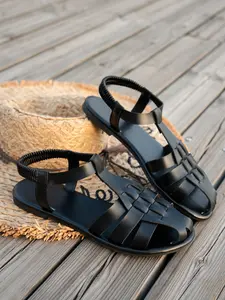 Women's Roman Style Round Toe Flat Sandals, Pu Leather Slides, Elegant Fashion Vacation Casual Shoes, Beach Walk Outing Footwear