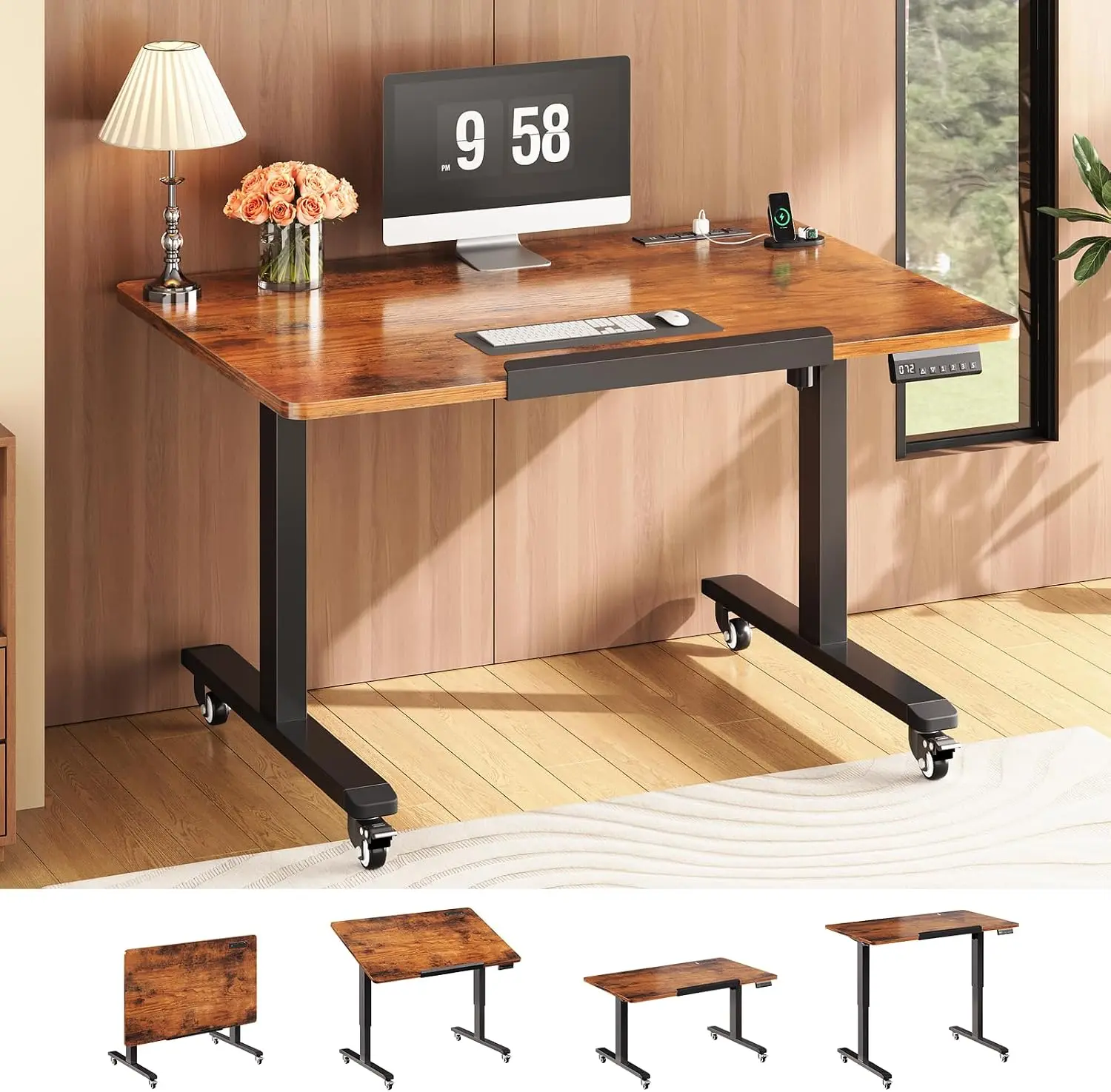 SEDETA 31.5-Inch Foldable Electric Standing Desk with Wheels, 180° Tilting, Height-Adjustable Mobile Desk for Drawing, Writing, Classic