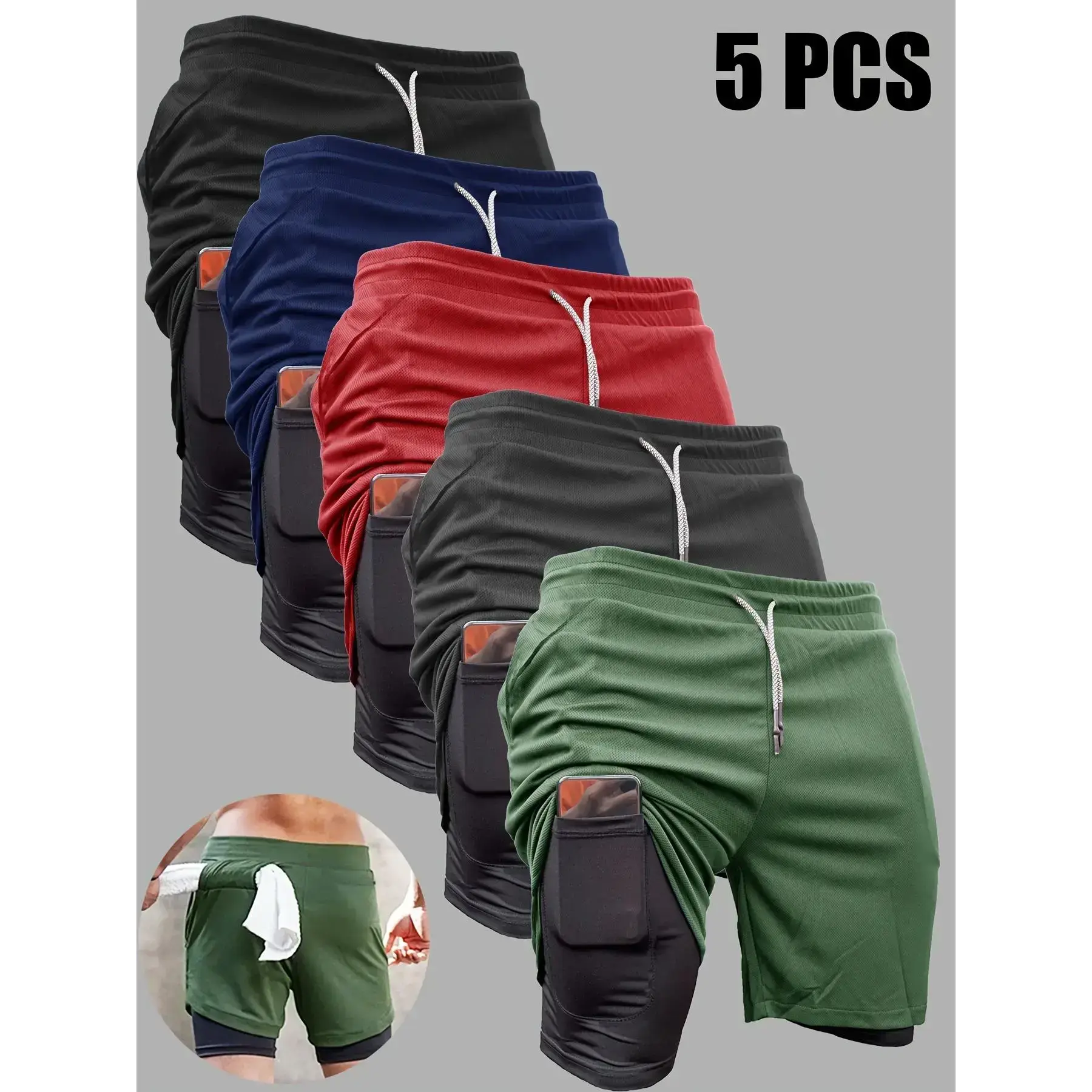 1 piece of men's 2-in-1 double-layer shorts with inner pocket, high elasticity sports shorts, suitable for gym exercise and training