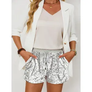 Women's Elegant Sequin Side Insert Pocket Drawstring Waist Versatile Shorts