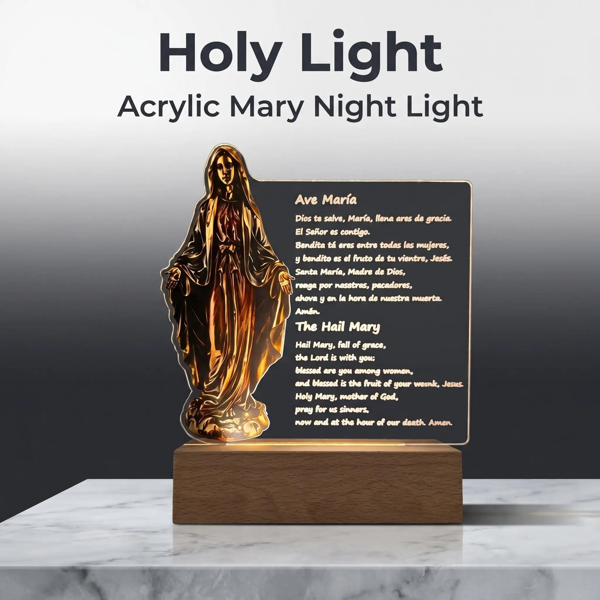 Holy Light Acrylic Virgin Mary LED Night Light - Portable Bilingual Hail Mary Prayer Lamp with Box, Religious Christian Home Decor for Home Altar, Ideal for Thanksgiving Baptism Gifting