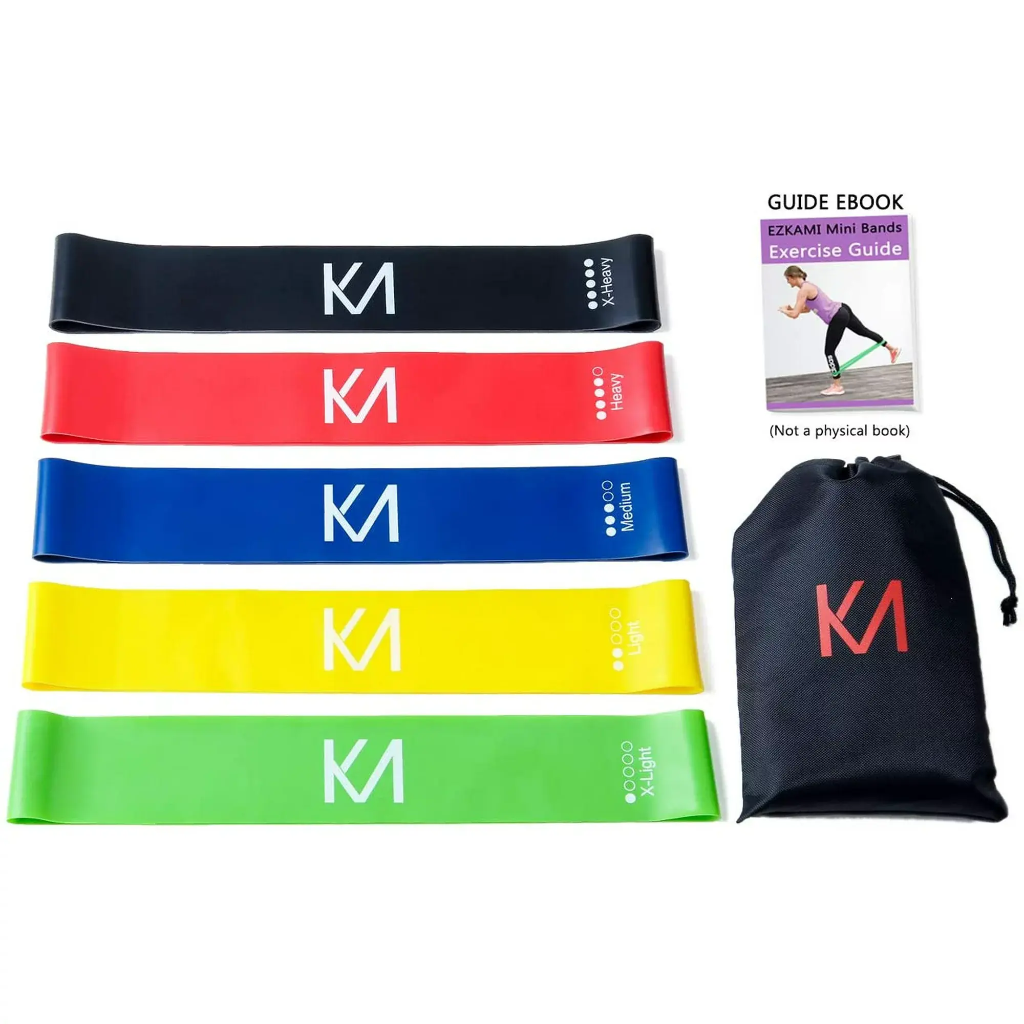 Ezkami Resistance Bands, Exercise Bands for Booty, Crossfit, Stretching, Strength Training, Physical Therapy, Home Fitness, Workout Bands,Set of 5, 12" x 2", Black, Red, Blue, Yellow, Green