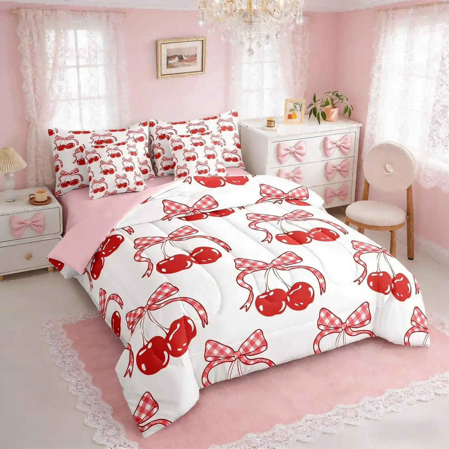 Cute Cherry Bowknot Bedding Set,Red Plaid Bow Bed in A Bag,Cherry Bow Decor Comforter Sets with Sheets,Dreamy Coquette 7 Pieces Bed Set Bedroom Decor