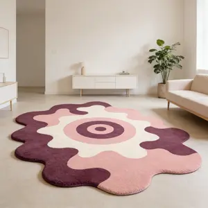 Pink purple gradient wave shaped carpet, bean sand powder contrasting color flocking floor mat, bedroom bedside anti slip and wear-resistant foot mat, gentle and healing atmosphere decorative mat suitable for ins style/girl sweet home decoration