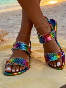 Multicolor Feather Trim Sandals, Summer Vacation Style, Soft Sole Comfortable Elastic Back Strap, Beach Streetwear Flip Flops, Casual Outdoor Sandals