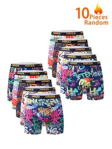 10-Pack Long Men's Boxer Briefs, Trendy Graffiti Print, Soft High-Elastic Waist, Youthful Four-Way Stretch Daily Casual Underwear, Boxing Shorts