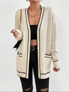 Women's Colorblock V-Neck Cardigan Sweater, Button-Front Knit Jacket with Pockets, Loose Fit Casual Spring & Fall Outerwear