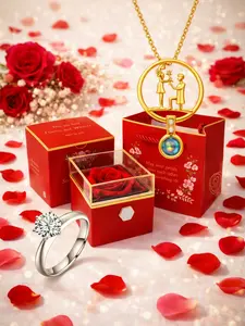 100 I Love You Projection Proposal Necklace + Classic 6-Prong Open Ring + Auto Flip Surprise Gift Box | Valentine’s Day Proposal Set