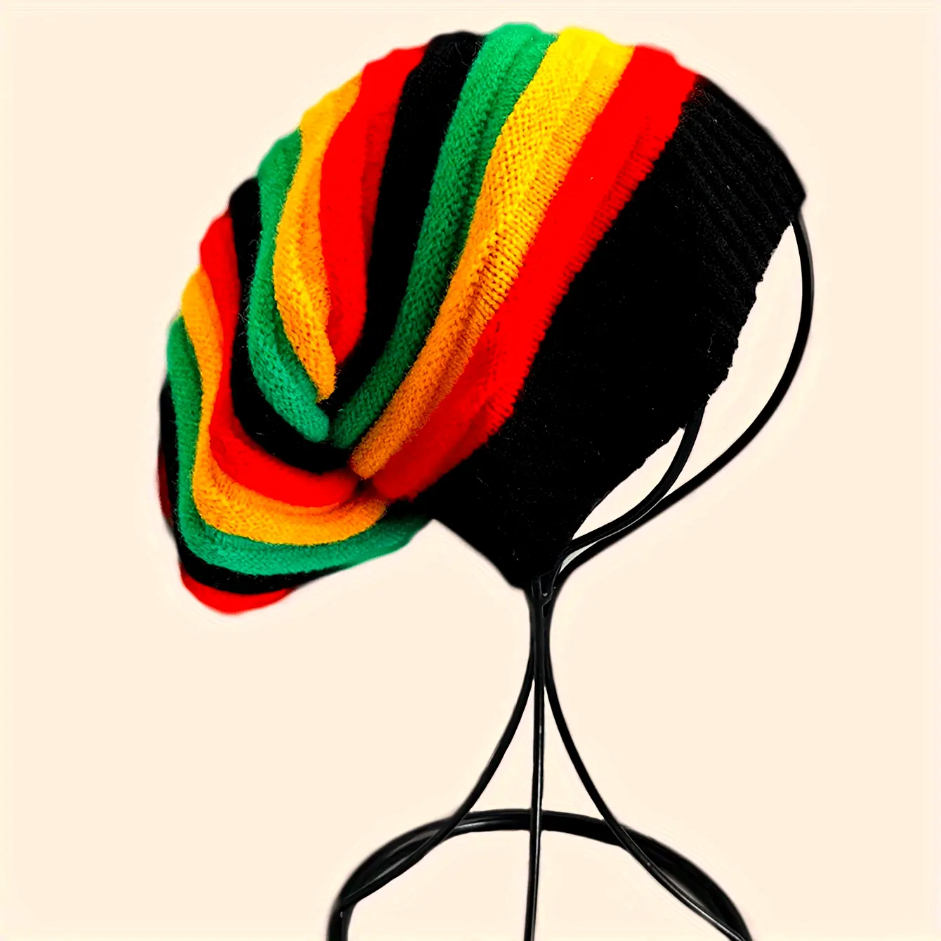Women's Striped Rainbow Snug Elastic Fitted Beanie - Soft Warm Winter Hat, Stretchy, Casual Hip-Hop Street Dance Style, Machine Washable, Prop 65 Safe