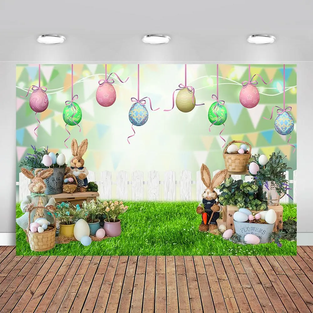 Photography Background Spring Easter Sunshine Party Rabbit Eggs Gray Wooden Floor Chick Hay Newborn Decor Backdrop Photo Studio