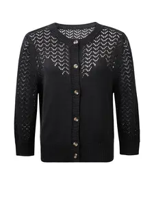 Women's Lightweight Black Cardigan Sweater, 3/4 Sleeve Round Neck Button Down Pointelle Knit Summer Sweater Jacket