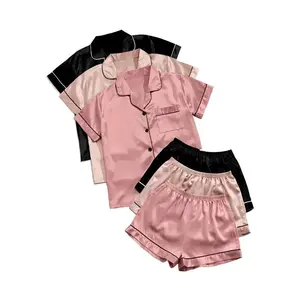 Women's Solid Satin Pyjama Set, Short Sleeve Button Front Lapel Shirt & Contrast Binding Shorts PJ Set, Summer Sleepwear Set
