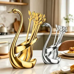 10 Pcs Mini Espresso Spoons Set with Swan Base Holder – 4.7" Stainless Steel Demitasse Spoons for Coffee, Tea, Dessert, Yogurt, Cereal – Small Leaf-Shaped Spoon Set for Home Cafe, Apartment Kitchen – TikTok Trending Cute Utensil Gift for Women