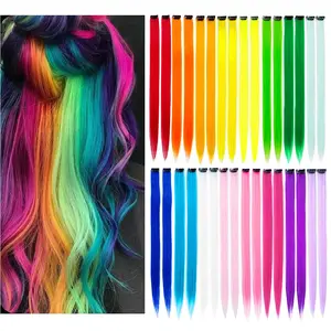 32Packs Colored Hair Extensions 20Inch Straight Color Clip in on Hair Extension Rainbow Party Highlights Synthetic Hairpiece(16 colors)