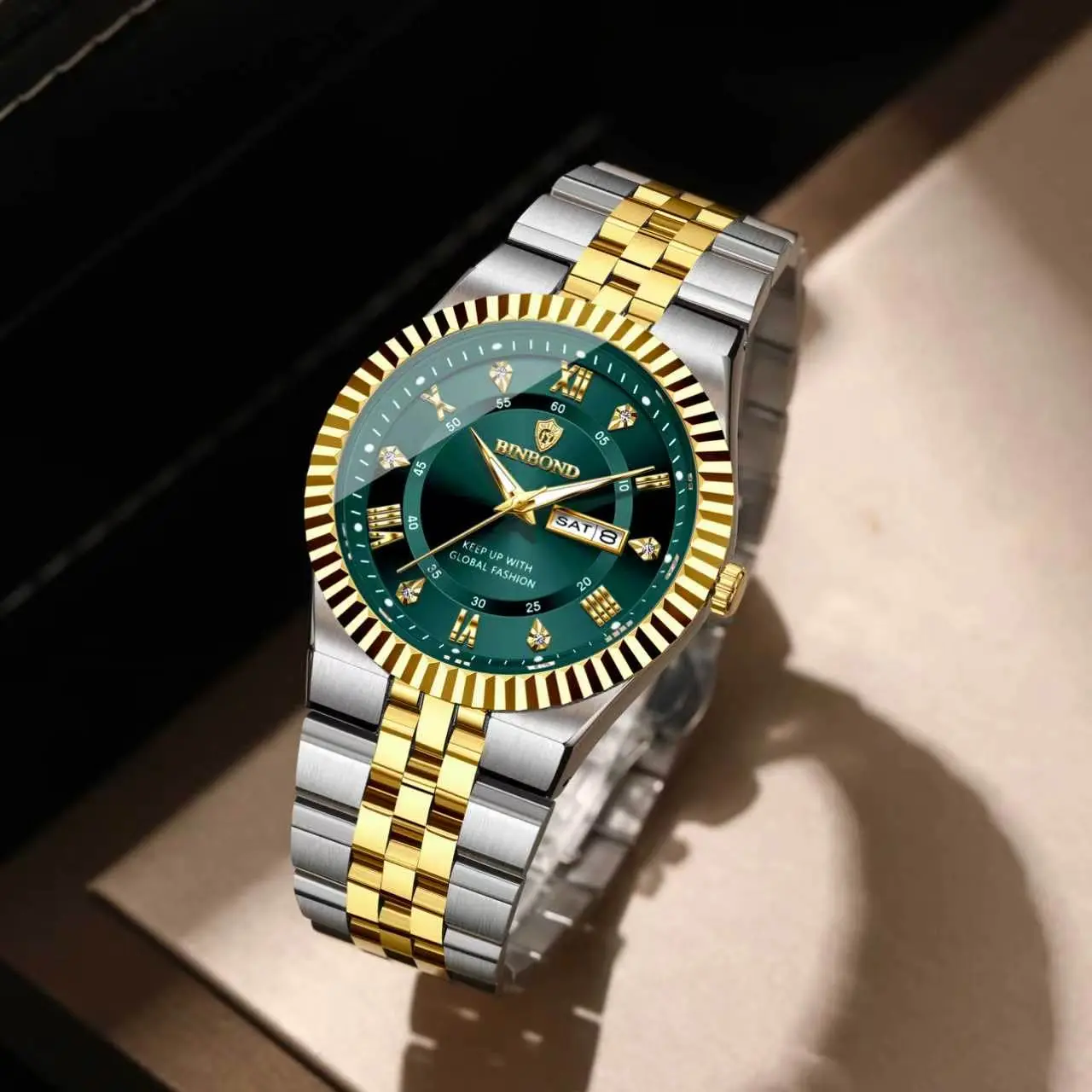 BINBOND -- Men's Multifunctional Wristwatch, featuring an original Swiss movement, equipped with a date function, a 43mm dial, a sapphire crystal glass, a stainless steel strap, and a luminous and water-resistant design.