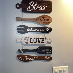 Wooden Kitchen Wall Décor Set, Interior Wall Decor, Alphabet and Utensil Patterns with Rope, Hanging Wall Art Decoration for Home Kitchen and Dining Room