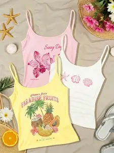 Women's Fruit Pattern Crop Top Set, Casual Fitted Short Sleeveless Tops, Trendy Summer for Women, Comfortable Daily Wear