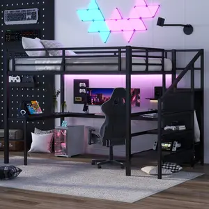 Queen Size Loft Bed with L-shaped Desk and USB, Heavy-Duty Metal Loft Bed with Wardrobe and Adjustable Shelf, High Loft Bed with LED for Kids Teens Adults, Noise Free,Black