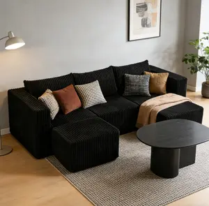 Niccae Compact Modular Sectional Compressed Corduroy Sofa Modern Minimalist Style Ultra Comfy Space Saving Design Black No Assembly Required Bed U-Shaped