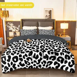 3pcs (1 comforter + 2 pillowcases) Black and White Leopard Print Flannel and Milk Velvet Comforter Set, Soft & Cozy Warm Bedding Set for Adults, Trendy Milk Velvet Quilt Set, Bedding Essentials
