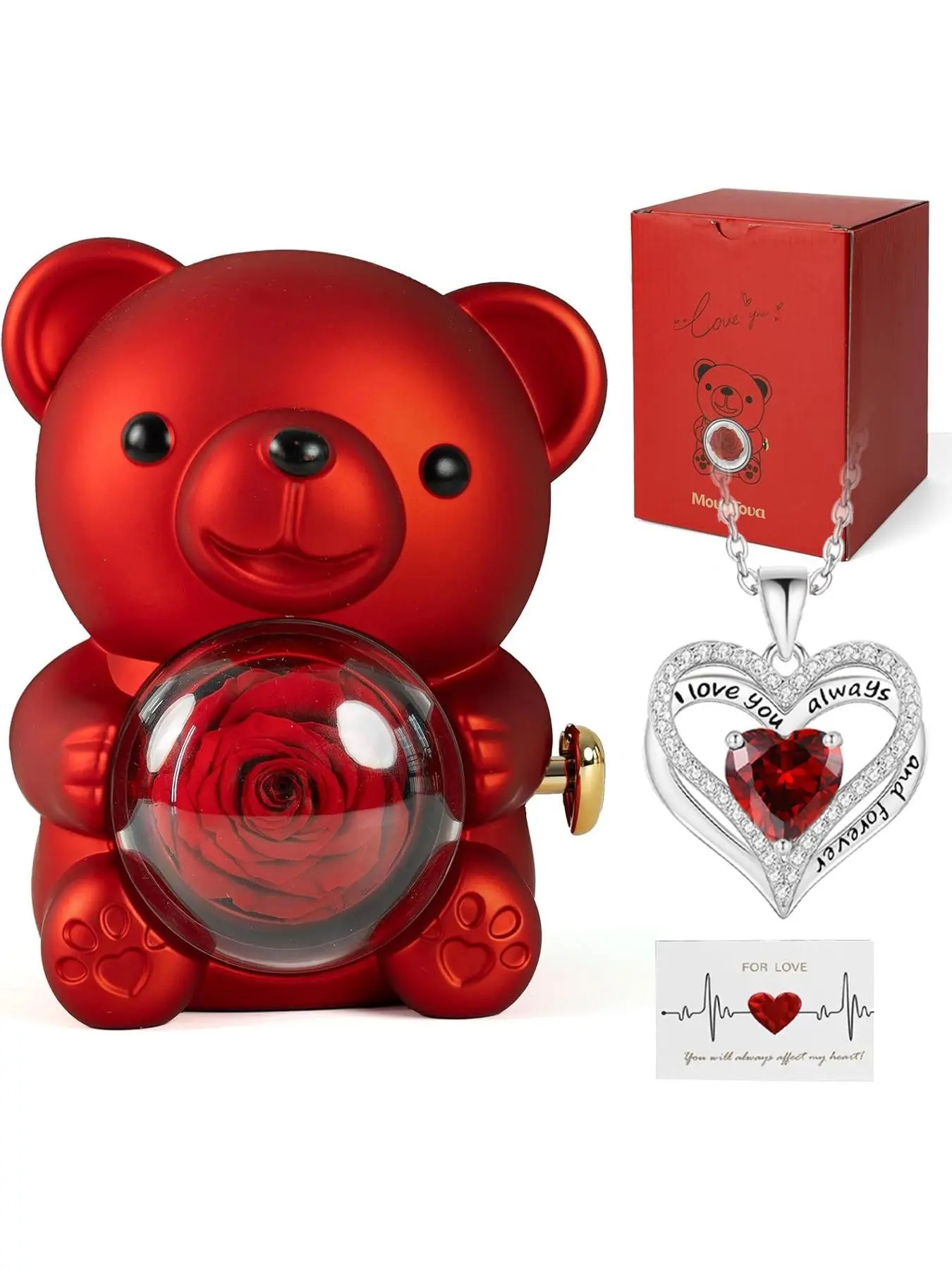 Romantic Teddy Bear Necklace with Eternal Rose and Engraved Heart, Elegant Gift Box, Perfect for Women, Valentine's Day, Wedding, Mother's Day, Anniversary Necklace, Stainless Steel Necklaces