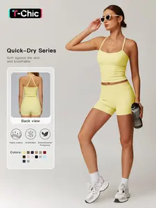 Women's Solid Backless Crop Cami Top & Shorts Set, Sporty Sleeveless Top & Skinny Shorts, Ladies Sportswear for Indoor and Outdoor Wear, Stretchable Activewear, Fitness Outfits, Athletic Fashion Activewear, Yoga Wear