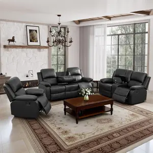 Manual 3-Piece Leather Recliner Sofa Set with Sofa, Loveseat & Chair for Living Room, Home Theater, and Office Seating