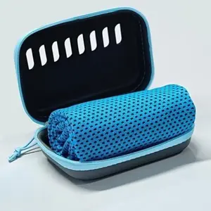 Sports Towel with EVA Storage Box - Lightweight Portable Machine Washable, Durable Fabric for Camping, Hiking & Gym, Essential Outdoor Gear (Light Blue)