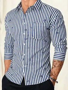 Men’s blue long-sleeve striped business casual shirt, 100% polyester fabric, breathable and comfortable, high-quality men’s shirt suitable for spring fathersdaygift