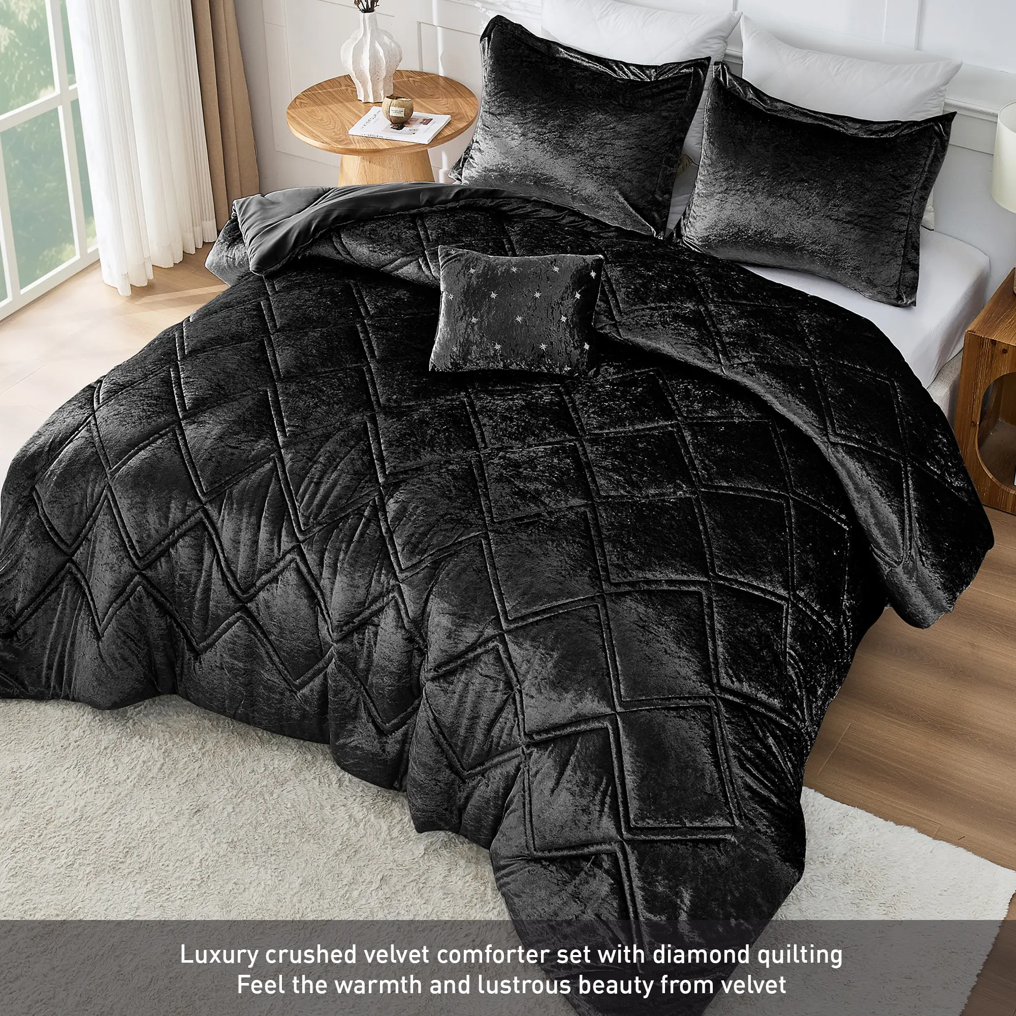 4PCS Oblong Crushed Velvet Bed Comforter Set - Diamond Quilted Luxury Bedding Set, Soft Plush Hypoallergenic Fill, Hotel-Grade Upgrade for Glam Bedrooms, Bedding Sets