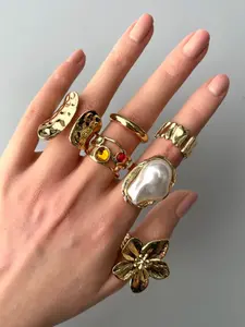6-piece Set of French Retro Flower Baroque Imitation Pearl Opening Ring Stacking Set, Fashionable and Elegant Feminine Temperament Party Vacation Design Ring Set, Stackable Ring, Bohemian Stackable Rings
