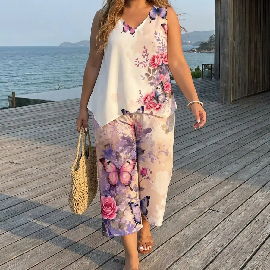 Women Plus Size 2 Piece Summer Outfit Watercolor Butterfly Rose Print Sleeveless V Neck Asymmetrical Tank Top Wide Leg Capri Pants Casual Loose Loungewear Matching Set Vacation Beach Daily Wear