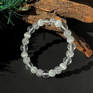 Handcrafted Anxiety Relief Crystal Bracelet with 8mm Cat's Eye & Clear Stones - Calming Jewelry Gift for Stress Reduction