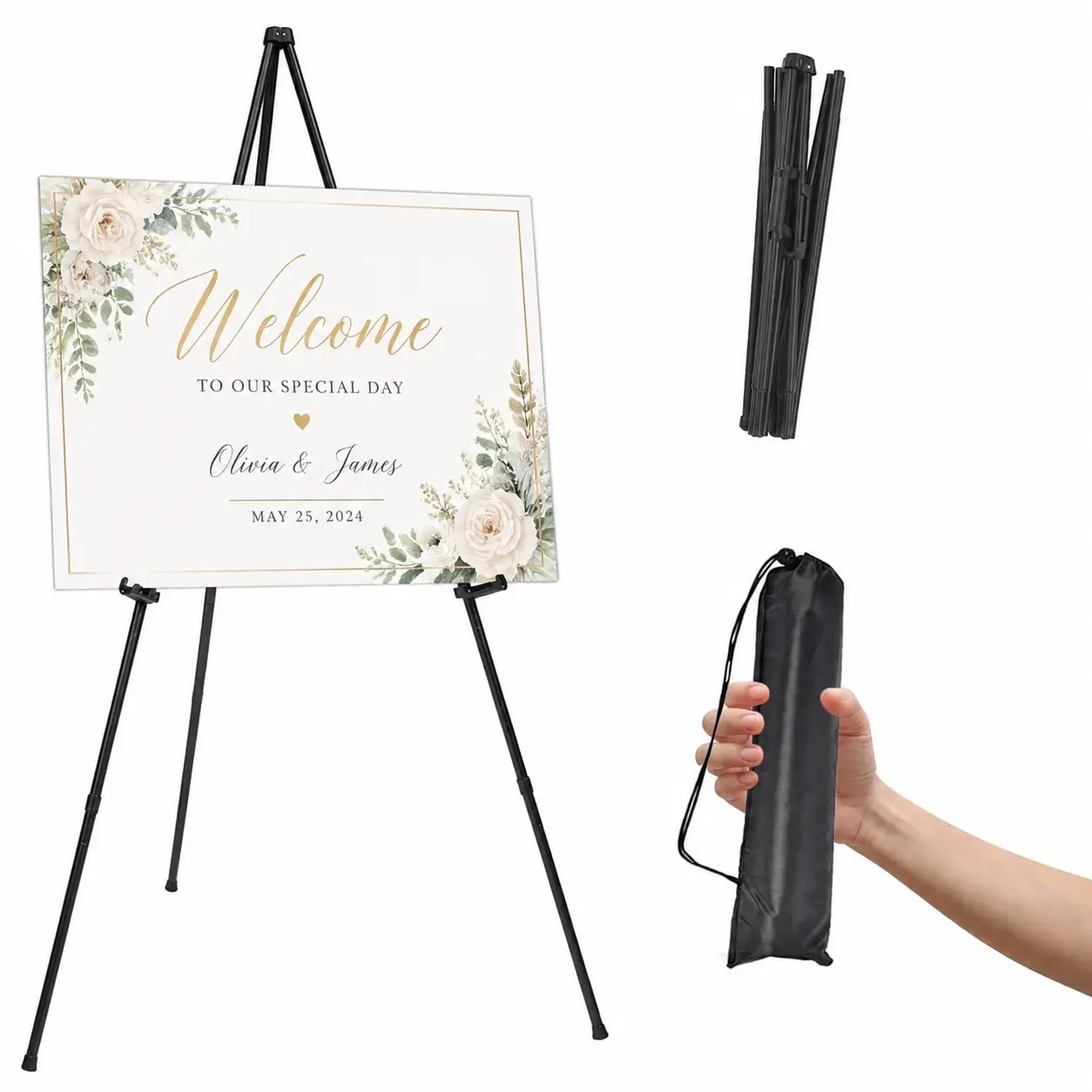 Foldable Metal Tripod Easel Stand,Adjustable Height Display Holder With Support Hooks,Portable Sign Rack For Wedding Welcome Boards,Bridal Shower,Baby Shower,Graduation & Holiday Party Decor,Canvas Art,Photo Panels,Available In Matte White & Black