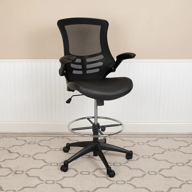 Flash Furniture BL-X-5M-D-BK-LEA-GG Mid Back Black Mesh Ergonomic Drafting Chair with LeatherSoft Seat, Adjustable Foot Ring & Flip Up Arms