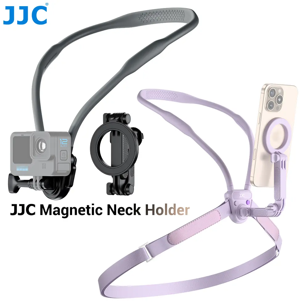 JJC Magnetic Neck & Chest Holder Tripod - Mag-Safe Phone, GoPro, DJI Action Camera Mount with Metal Quick-Release Button, Silicone Connector, Adjustable Extension Arm, Velcro Strap for Running, Vlog Recording