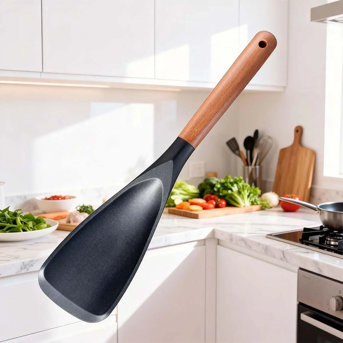1-Pcs Duck Bill Spatula Spoon, Silicone Cooking Spoons with Wooden Handle, Dual Purpose Spoon Spatula for Serving, Stirring & Flipping, Silicone Kitchen Spoons