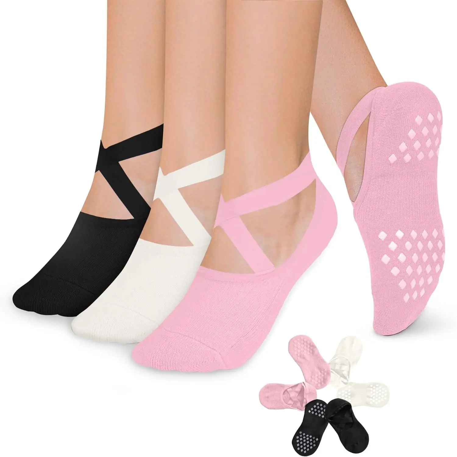 3 Pack Pilates Socks and Yoga Socks with Grips for Women, Non-Slip, Suitable for Workouts, Pure Barre, Ballet, Dance, and Hospital Socks by Yifanyou Sports