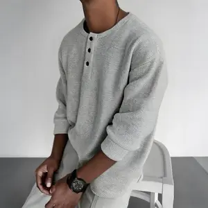 Men's Knit Henry Collar Long Sleeve Top Waffle Weave Casual Style Machine Washable Spring Autumn Everyday Workwear