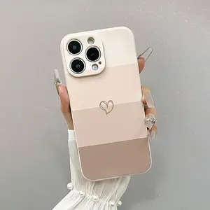 Cute Minimalist Heart Phone Case for iPhone 17 16 E 15 14 Plus 13 12 11 Pro Max, Neutral Gradient Brown Beige Aesthetic Matte Case, Perfect Gift for Girls