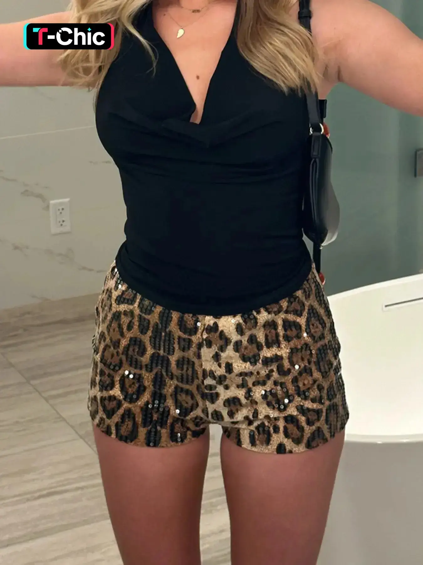 Sequins Leopard Print Bodycon Crop Shorts For Women